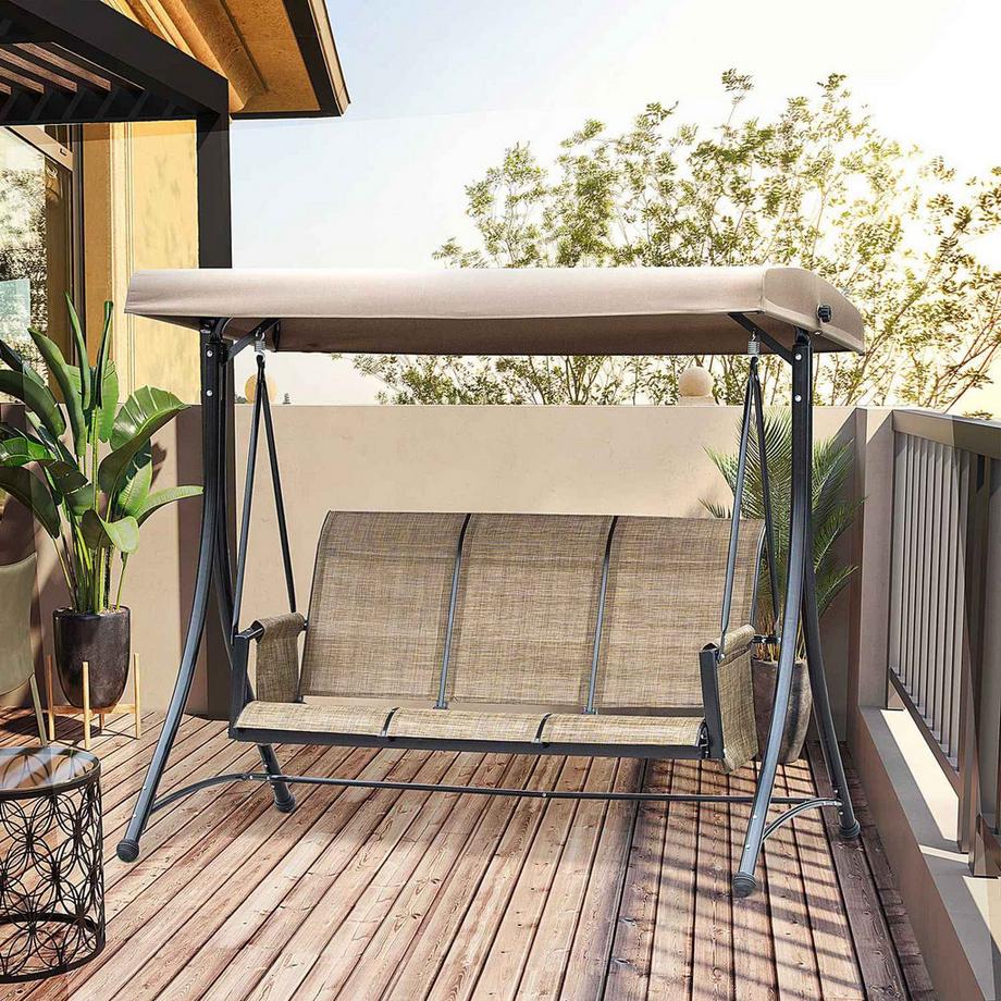 Northio Altalena Hollywood Outsuuny con tasca laterale, altalena da giardino a 3 posti con tettuccio parasole regolabile, panca altalena con carico fino a 300 kg, per giardino, terrazza, 196 x 128 x 172 cm, marrone  