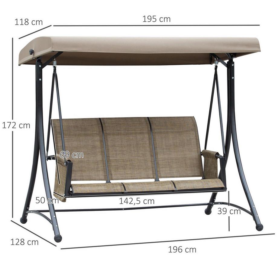 Northio Altalena Hollywood Outsuuny con tasca laterale, altalena da giardino a 3 posti con tettuccio parasole regolabile, panca altalena con carico fino a 300 kg, per giardino, terrazza, 196 x 128 x 172 cm, marrone  