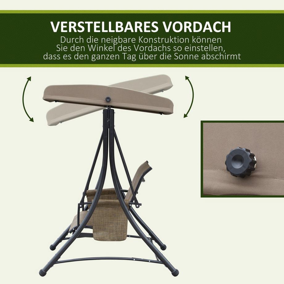 Northio Altalena Hollywood Outsuuny con tasca laterale, altalena da giardino a 3 posti con tettuccio parasole regolabile, panca altalena con carico fino a 300 kg, per giardino, terrazza, 196 x 128 x 172 cm, marrone  