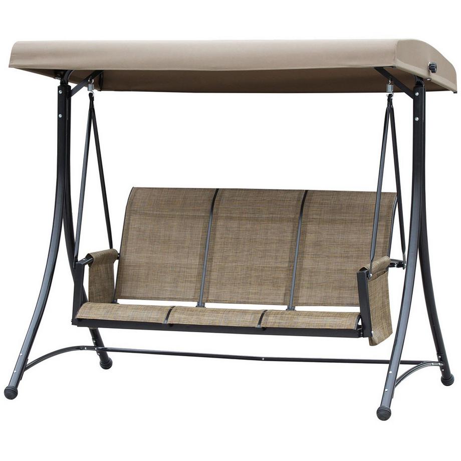 Altalena Hollywood Outsuuny con tasca laterale, altalena da giardino a 3 posti con tettuccio parasole regolabile, panca altalena con carico fino a 300 kg, per giardino, terrazza, 196 x 128 x 172 cm, marrone