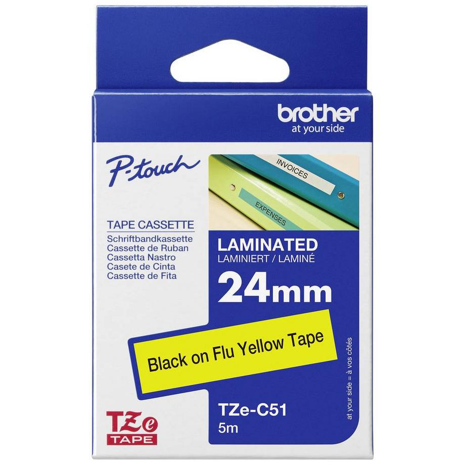 Nastro laminato su colore fluorescente  TZe TZe-C51 Colore Nastro: Giallo segnale Colore carattere:Nero 24 mm 5