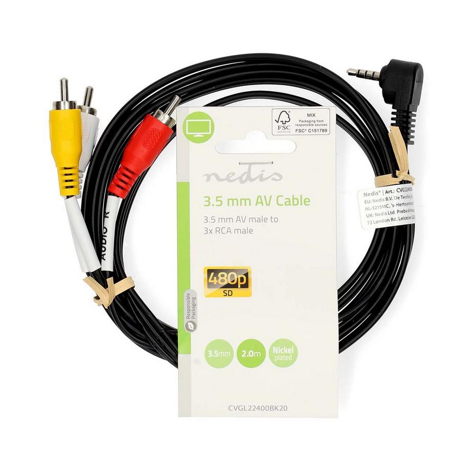 Nedis  Câble audio vidéo | 3.5 mm Hane | 3x RCA Hane | Nickelplaterad | 2.00 m | Rond | PVC | Svart 