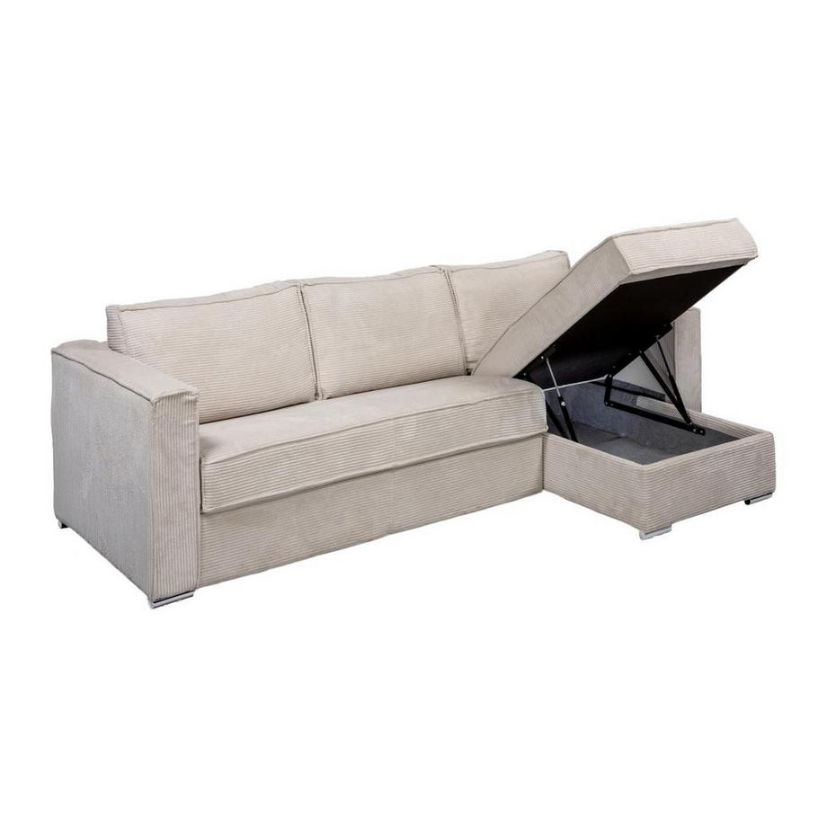 Vente-unique Canapé d'angle convertible express et réversible en velours côtelé beige - Couchage à lattes larges 140 cm - Matelas 18 cm LORETO  