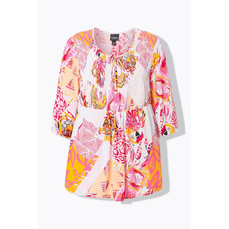 Ulla Popken Smok Bluse Patchdruck A-Linie Rundhals 3/4 Arm  