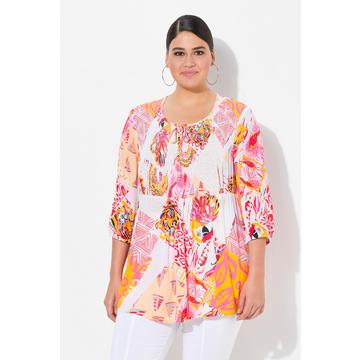 Smok-Bluse, Patchdruck, A-Linie, Rundhals, 3/4-Arm