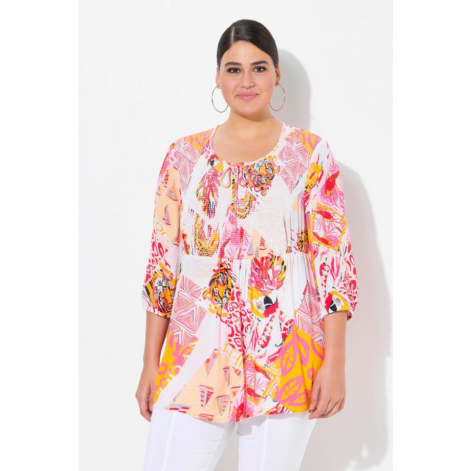 Ulla Popken Smok Bluse Patchdruck A-Linie Rundhals 3/4 Arm  