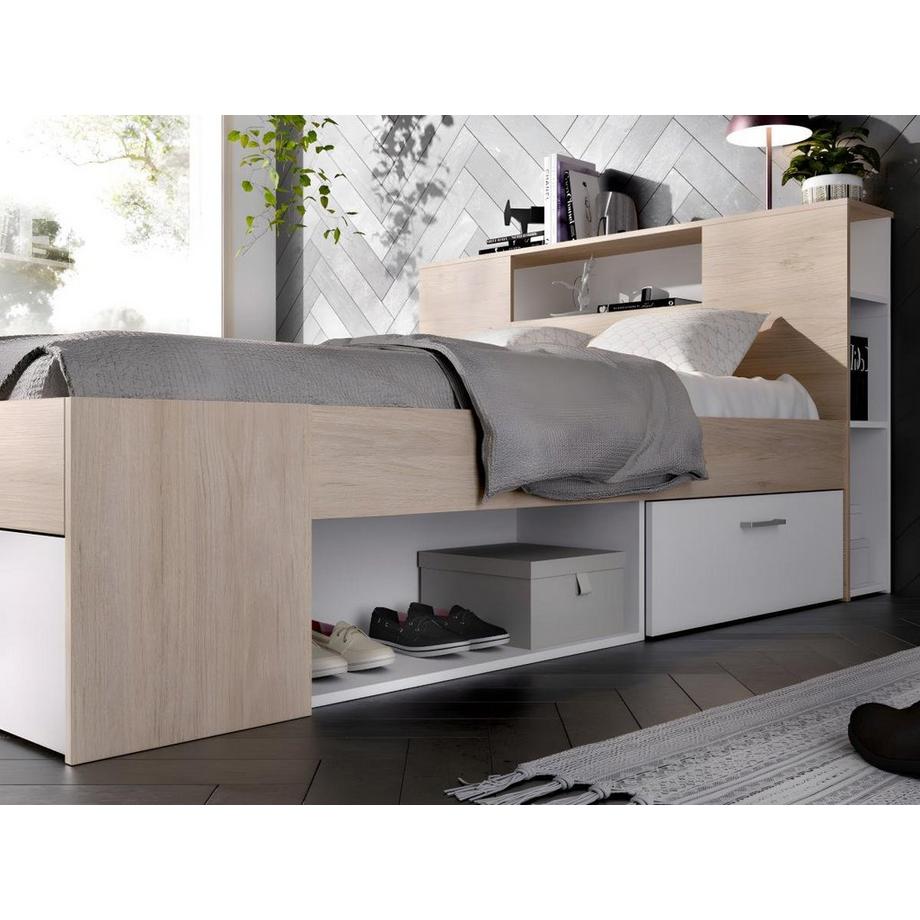 Vente-unique Letto con testata con vani portaoggetti e cassetti 160 x 200 cm: Naturale e Bianco + Rete + Materasso LEANDRE  