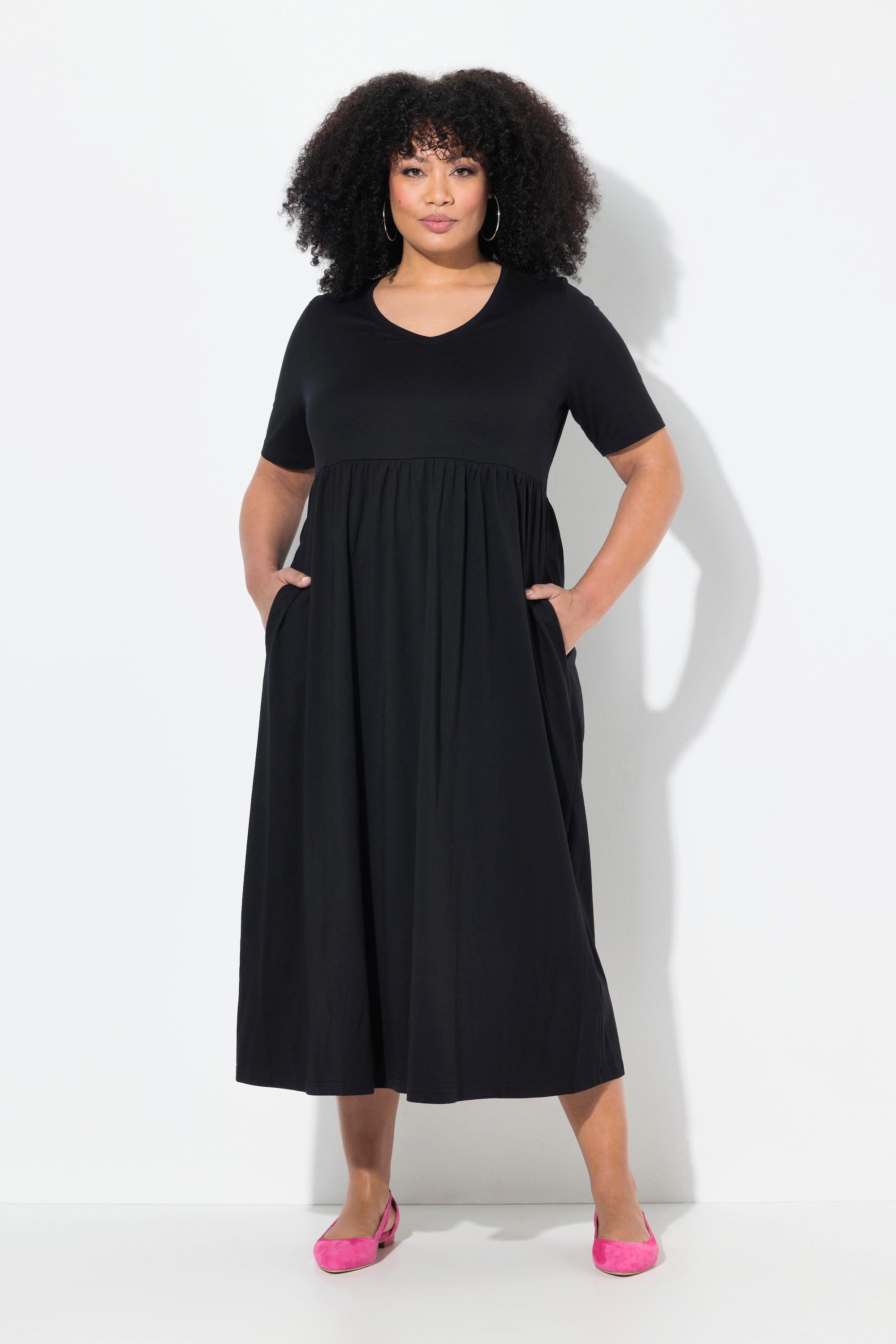 Ulla Popken Robe Maxi Coupe Évasée Col V Manches Courtes avec Poches  