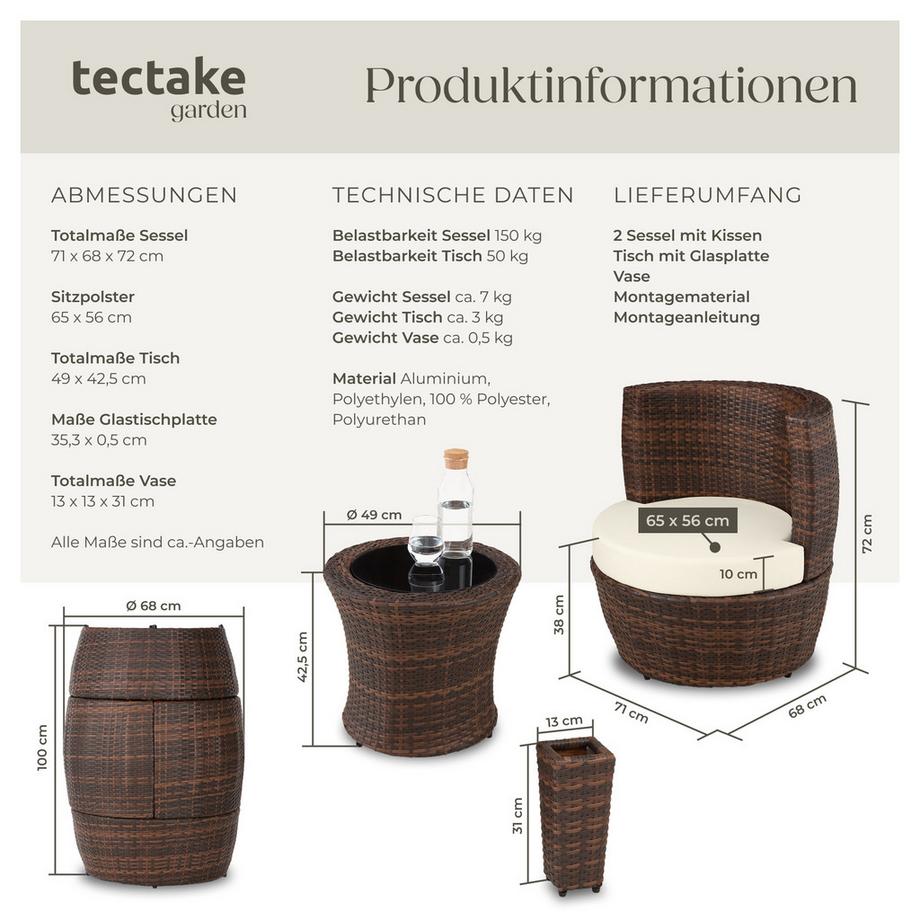 Tectake Rattan Sitzgruppe Nizza mit Aluminiumgestell wetterfest und UV-beständig  