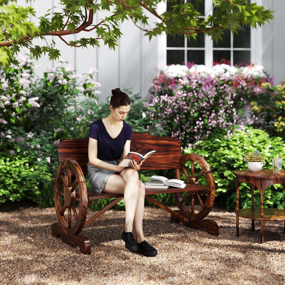 Northio Gartenbank Holz, 2-Sitzer Sitzbank mit Rücken- und Armlehnen, Holzbank im Rädernform, wetterfest Parkbank 240kg belastbar, Balkonbank für Balkon Terrasse, Garten, 110 x 55 x 80 cm, Verkohlt |  