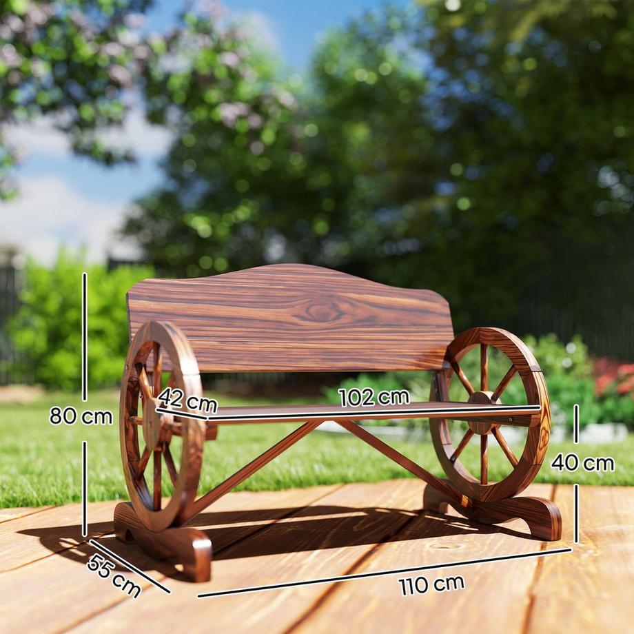 Northio Gartenbank Holz, 2-Sitzer Sitzbank mit Rücken- und Armlehnen, Holzbank im Rädernform, wetterfest Parkbank 240kg belastbar, Balkonbank für Balkon Terrasse, Garten, 110 x 55 x 80 cm, Verkohlt |  