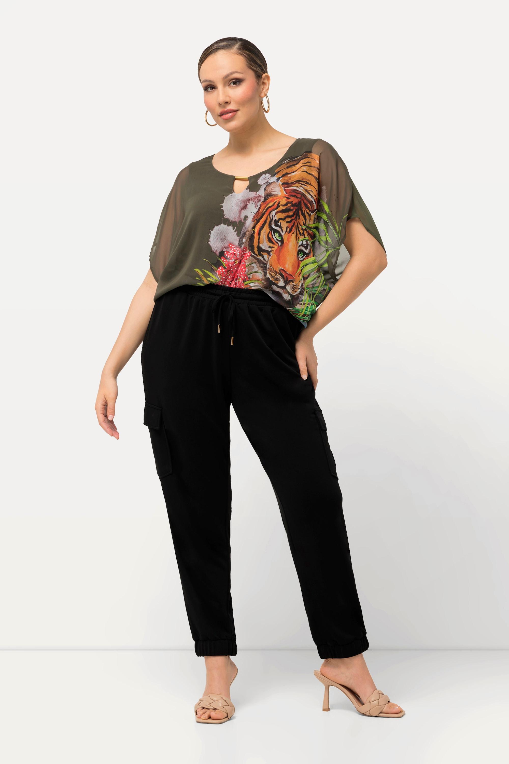 Ulla Popken Pantaloni Felpa Paracadutista Gamba Larga Orlo Elastico Misto Modal  