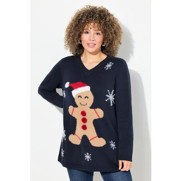 Pull de Noël à col en V et manches longues, motif bonhomme en pain d'épices