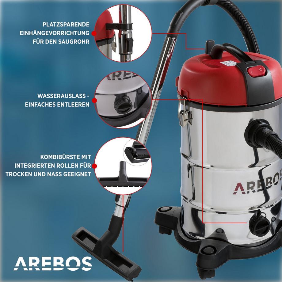 Arebos Aspirapolvere industriale per pulizia a umido e a secco 4in1 Volume 30L  