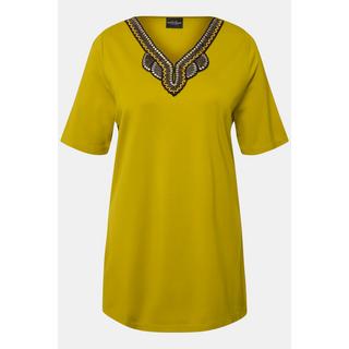 Ulla Popken  T-shirt avec broderies, silhouette en A évasée, col tunisien et manches courtes 