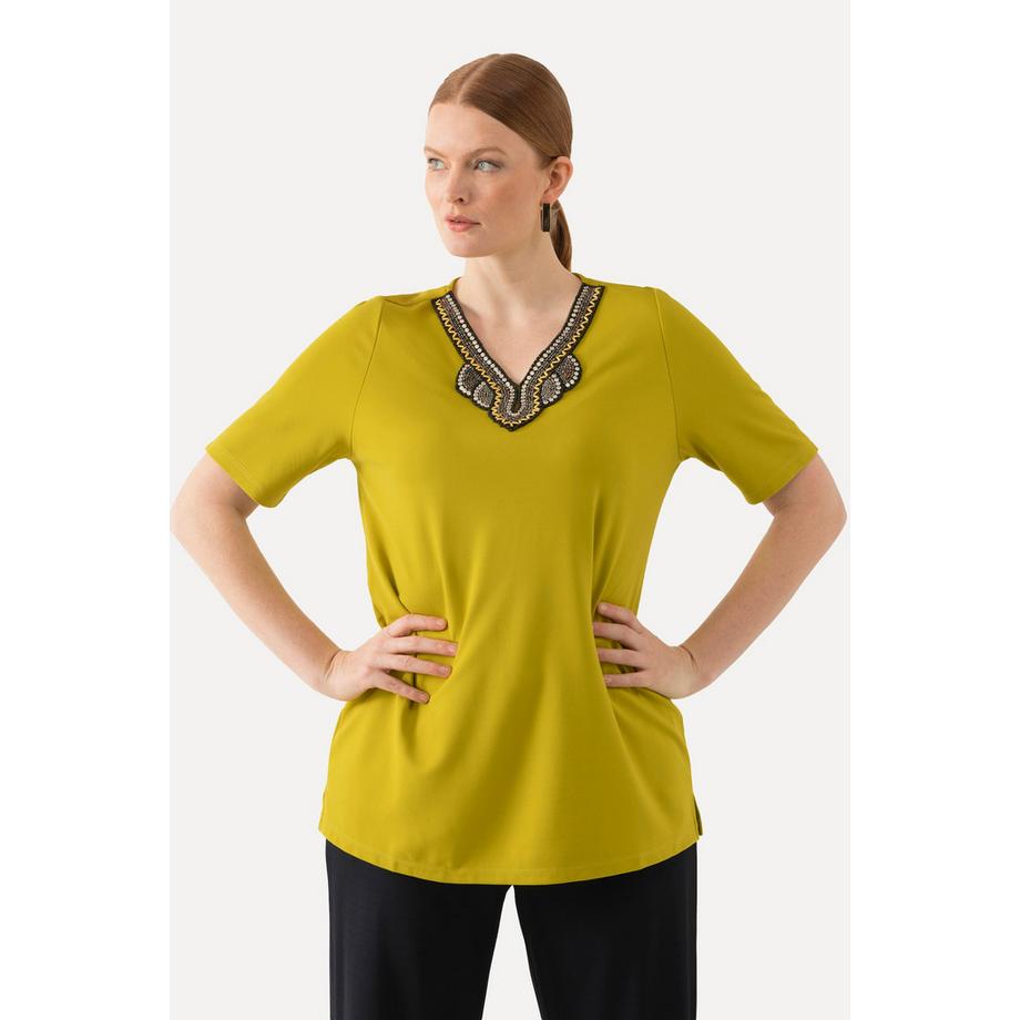 Ulla Popken T-shirt Broderie Ligne A Col Tunique Manches Courtes  