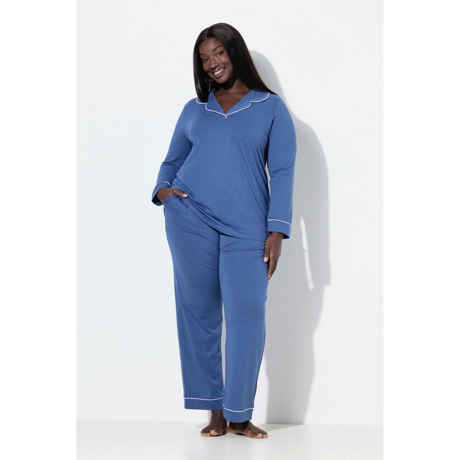 Ulla Popken Pyjama Passepoils Fantaisie Décolleté en V Manches Longues  