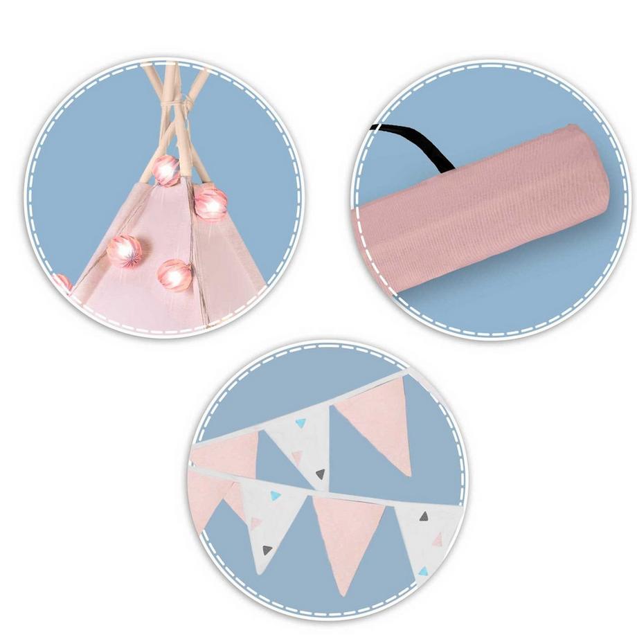 B2X  Kinder-Tipi-Zelt mit Girlande und Lichterkette Nukido – rosa 