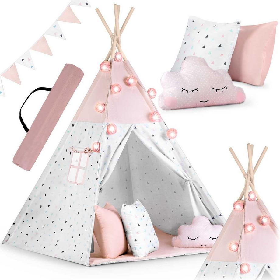 B2X  Kinder-Tipi-Zelt mit Girlande und Lichterkette Nukido – rosa 
