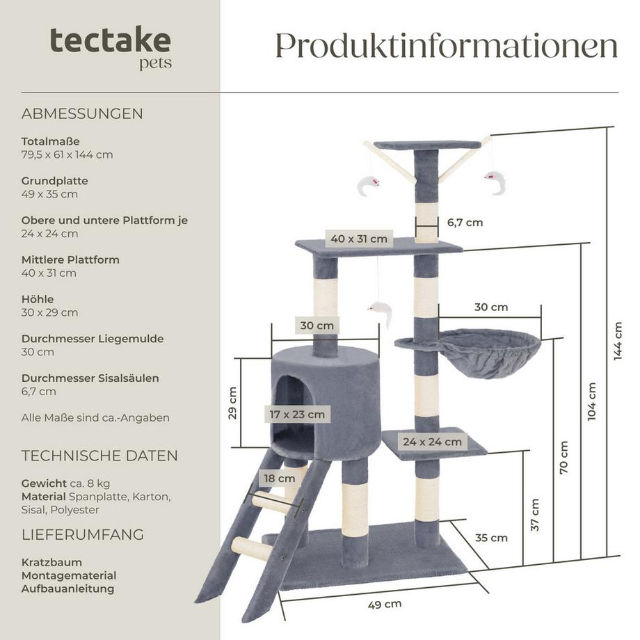 Tectake  Arbre à chat DOMINIQUE 144 cm avec griffoir et plateforme d'escalade 