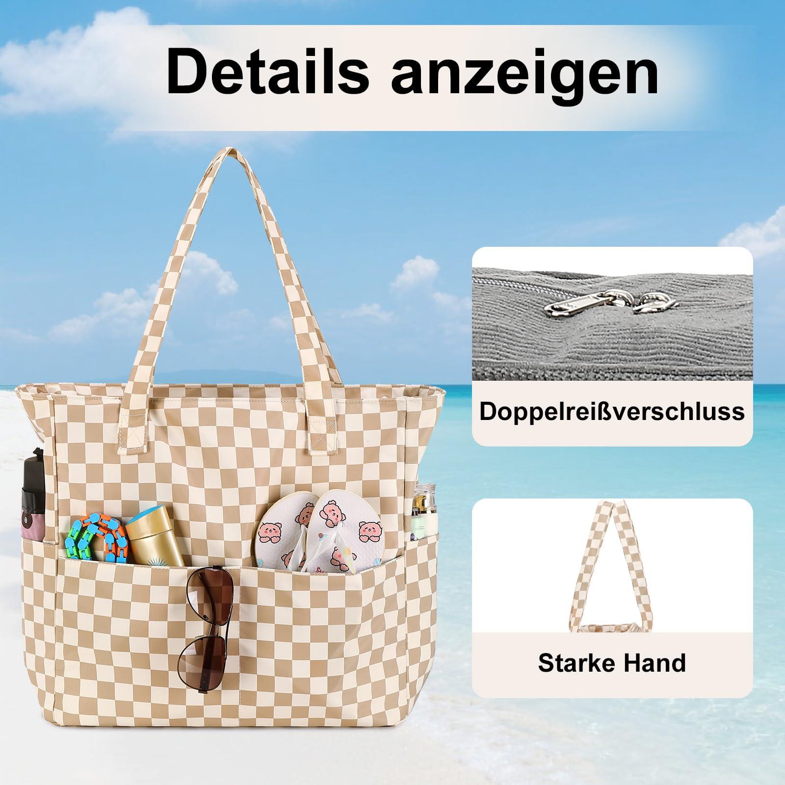 Only-bags.store Große karierte Strandtasche mit Reißverschluss  