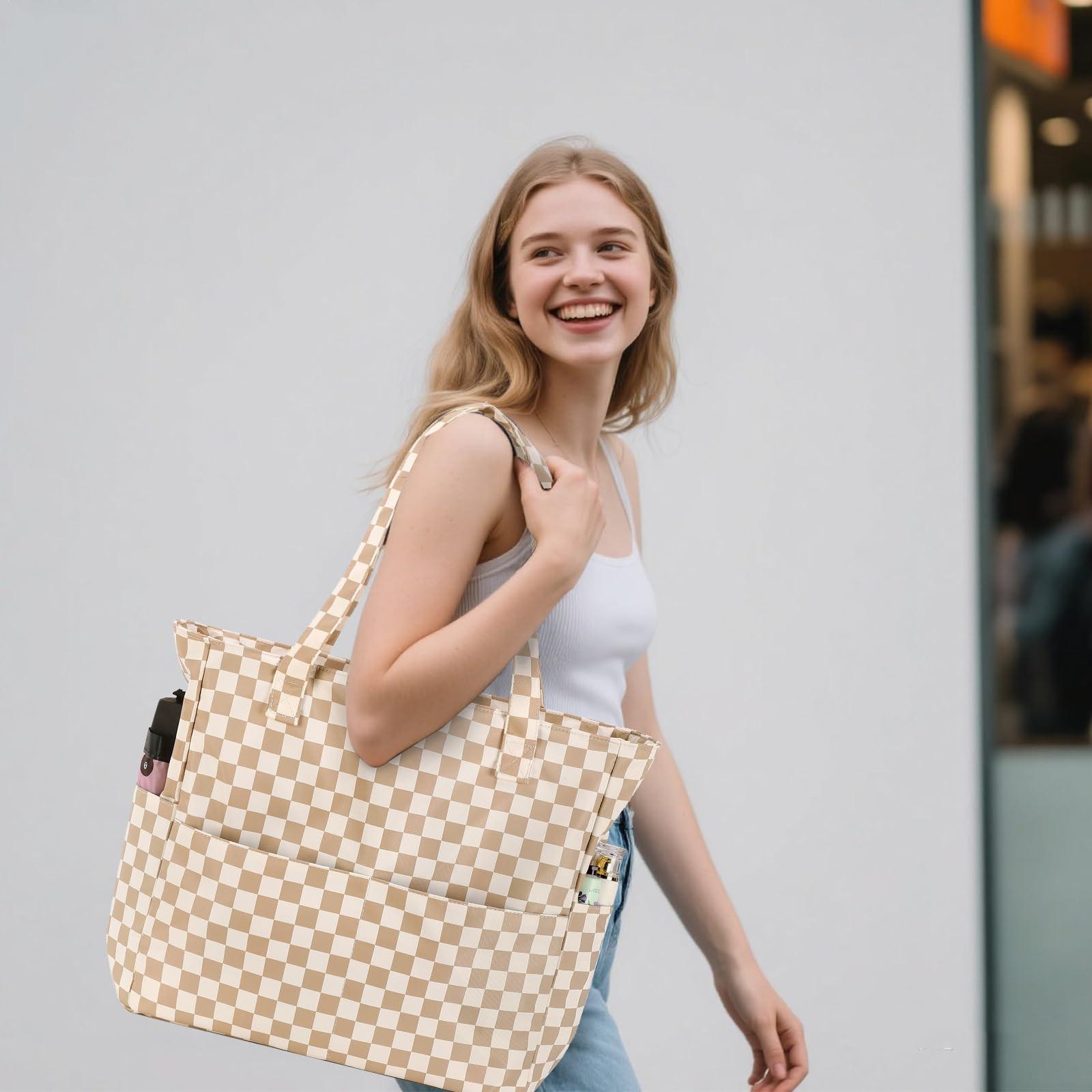 Only-bags.store Große karierte Strandtasche mit Reißverschluss  