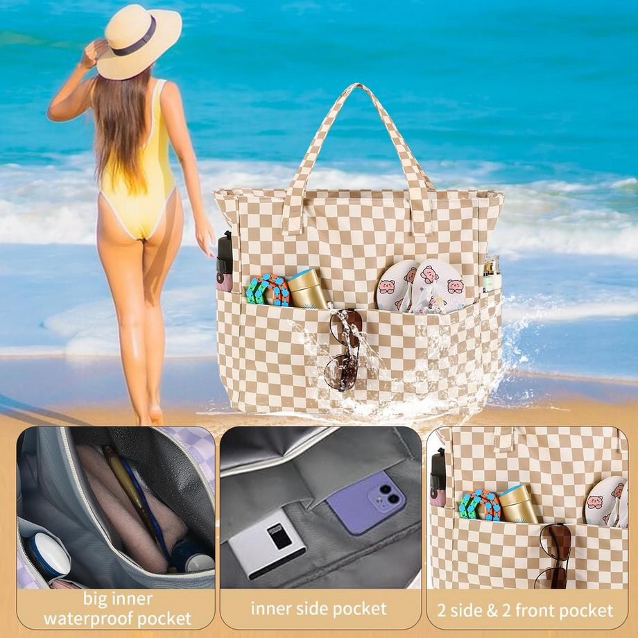 Only-bags.store Große karierte Strandtasche mit Reißverschluss  