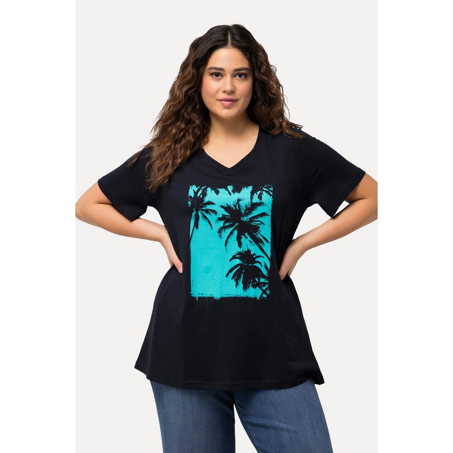 Ulla Popken T-shirt stampa palme linea A scollo a V mezze maniche  