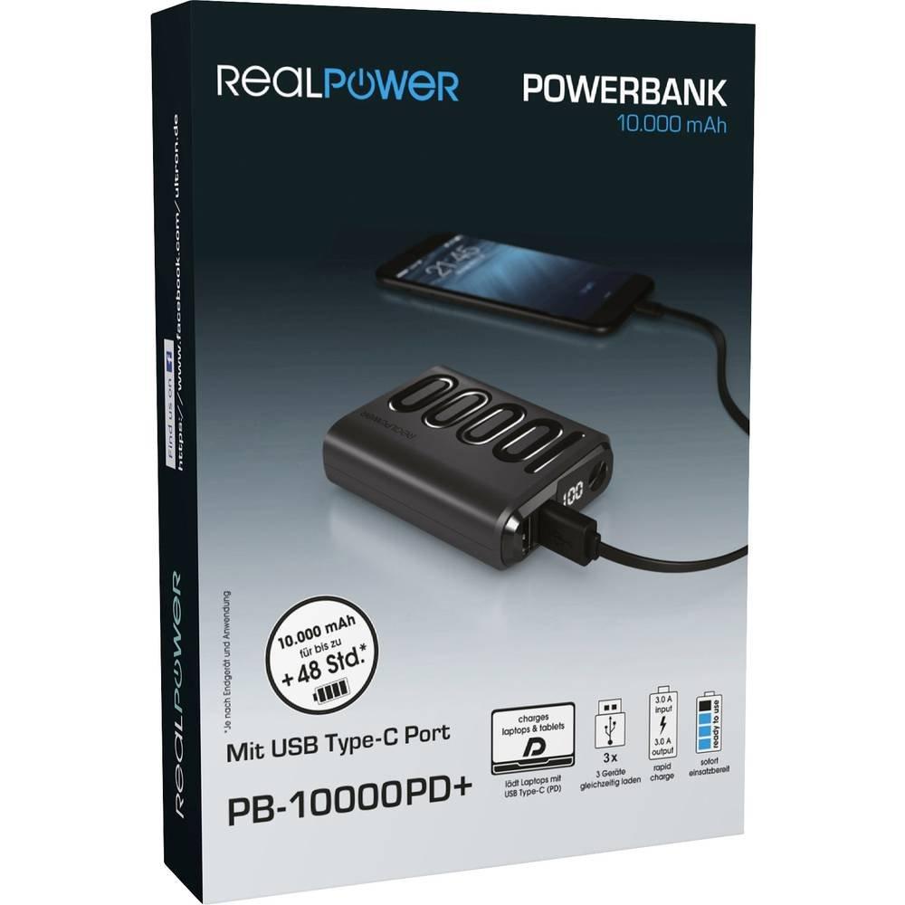 RealPower  PB-10000PD+ Powerbank 10000 mAh Lithium Schwarz 