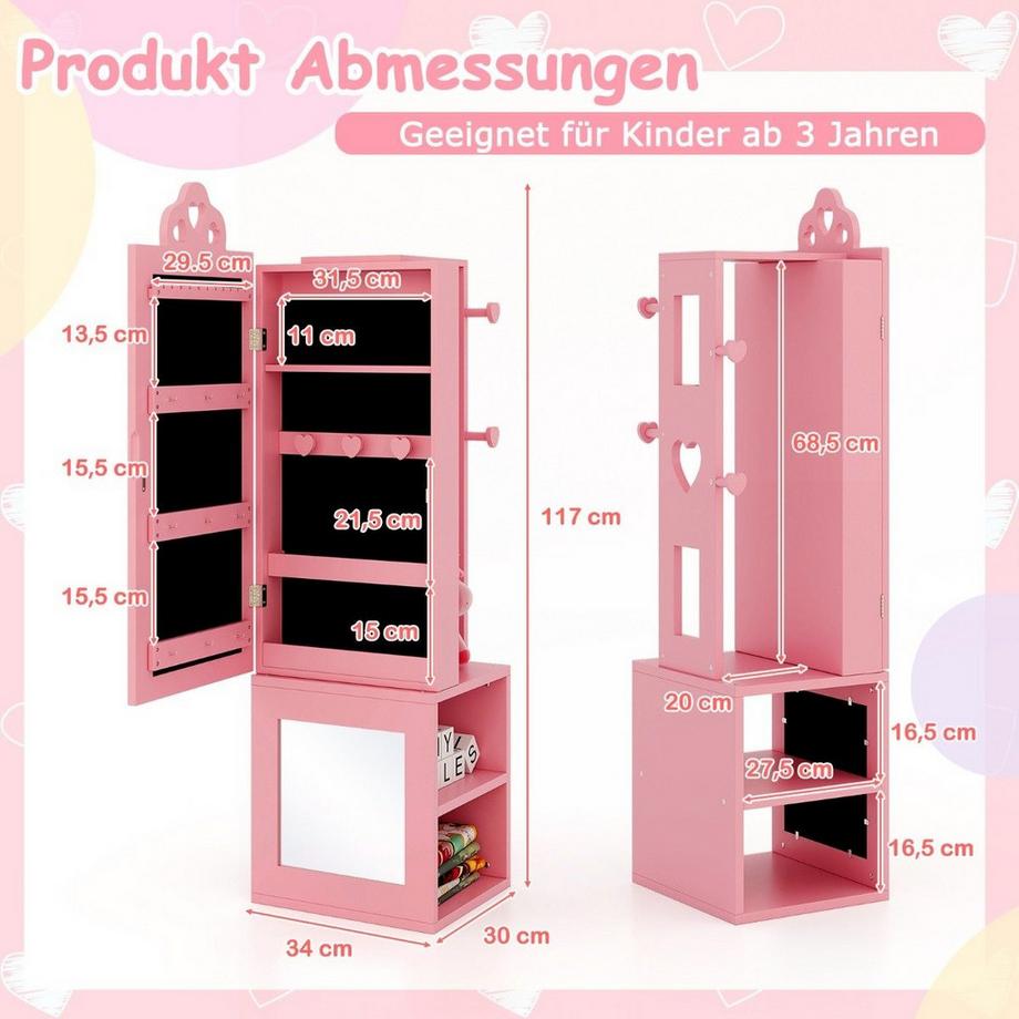Northix 3 in 1 Spiegelschrank mit Ganzkörperspiegel & Kleiderständer Kinder Schmuckschrank Rosa  
