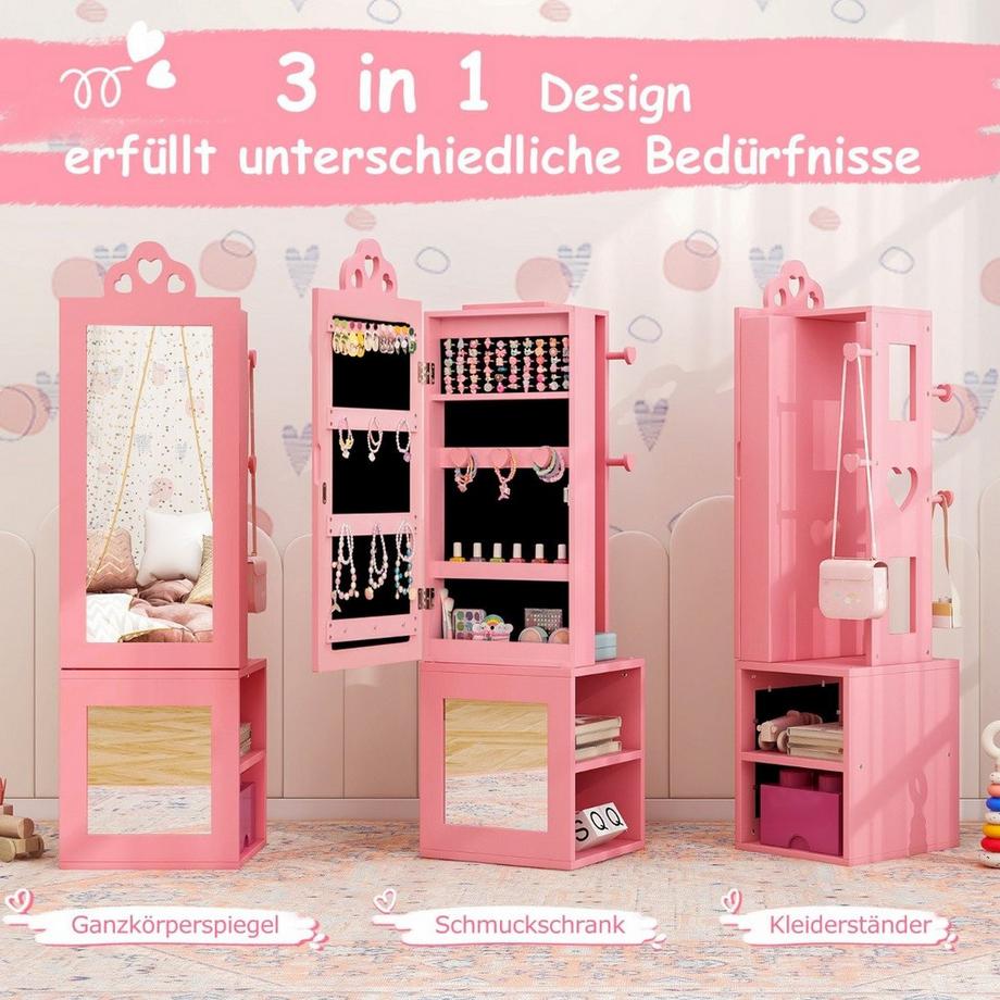 Northix 3 in 1 Spiegelschrank mit Ganzkörperspiegel & Kleiderständer Kinder Schmuckschrank Rosa  