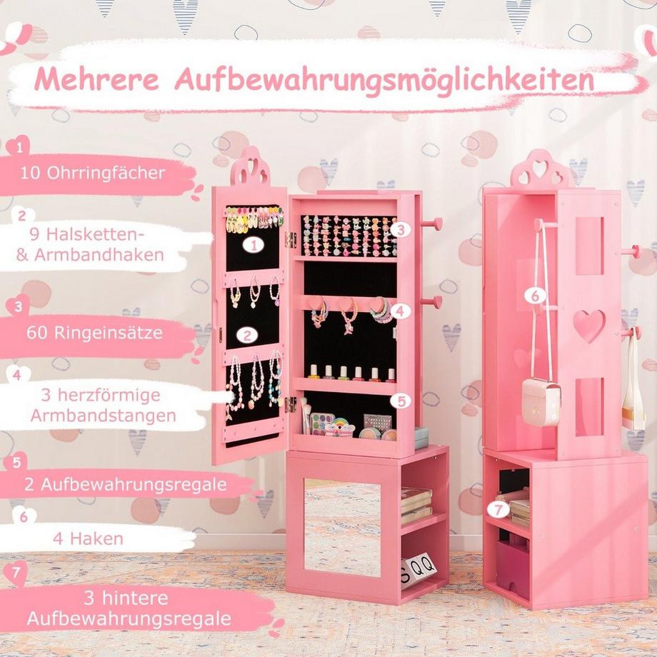 Northix 3 in 1 Spiegelschrank mit Ganzkörperspiegel & Kleiderständer Kinder Schmuckschrank Rosa  