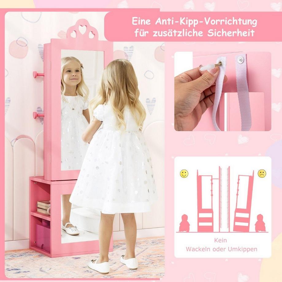 Northix 3 in 1 Spiegelschrank mit Ganzkörperspiegel & Kleiderständer Kinder Schmuckschrank Rosa  