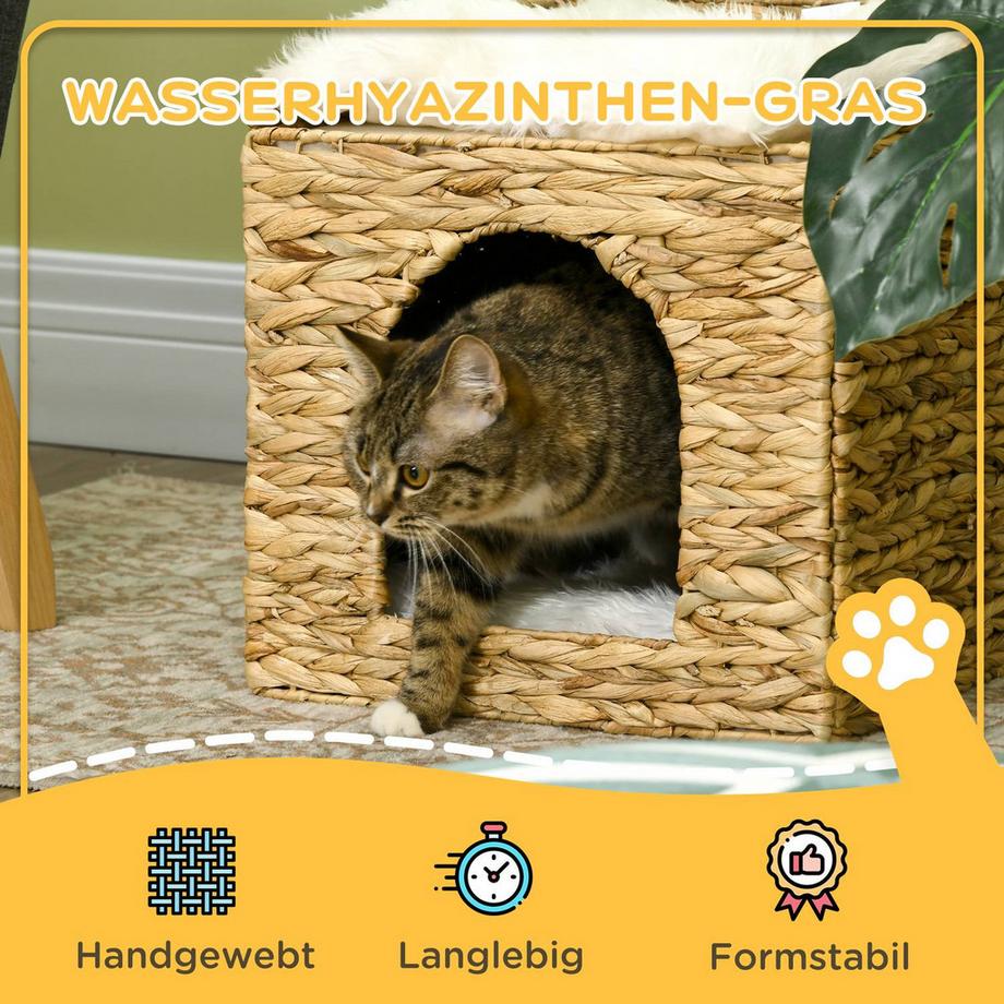 Northio  Rattan Katzenhöhle 2-Ebenen Kissen Wasserhyazinthe Braun Bis 5Kg 