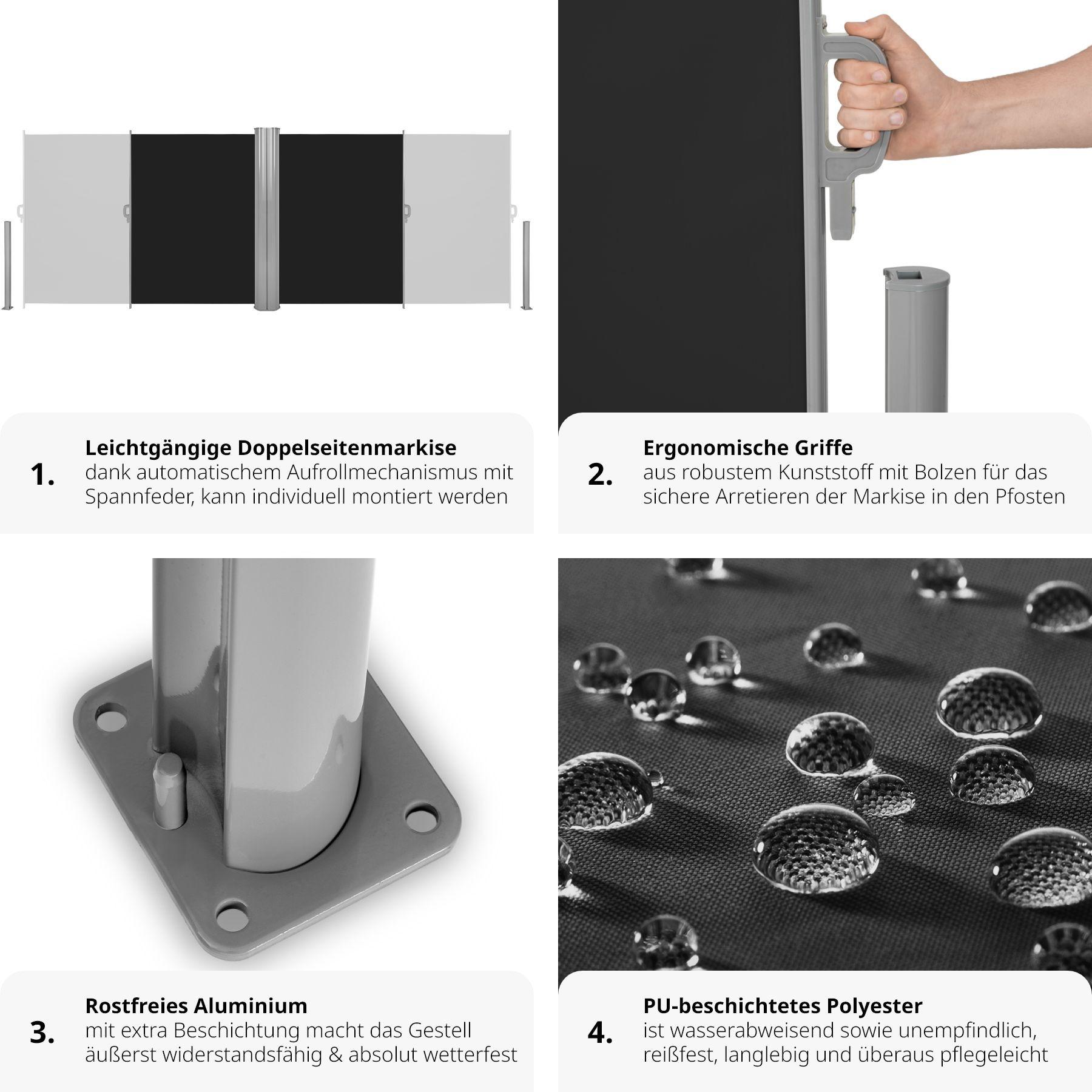 Tectake Aluminium Doppel Seitenmarkise ausziehbar mit Aufrollmechanismus  