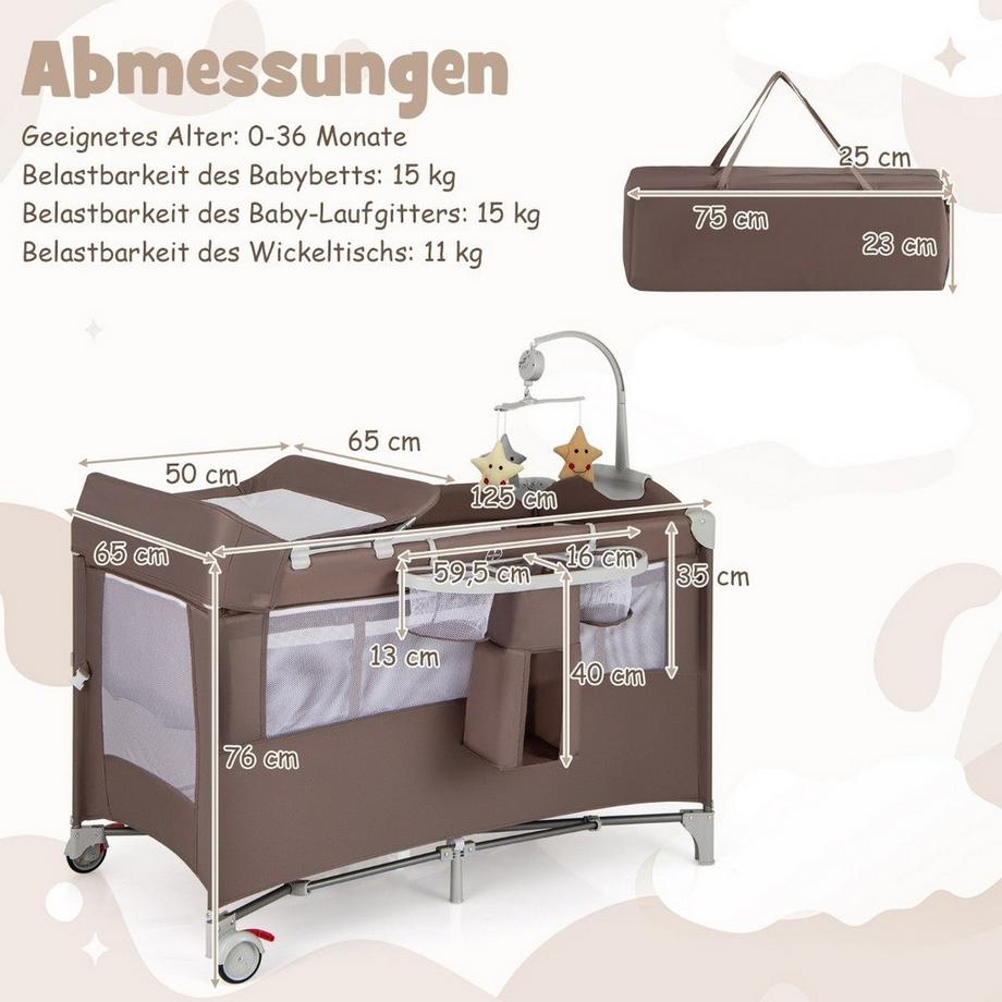 Northix  Lit d'appoint pliant 5 en 1, lit de voyage avec matelas, lit bébé à 2 niveaux avec roulettes marron 