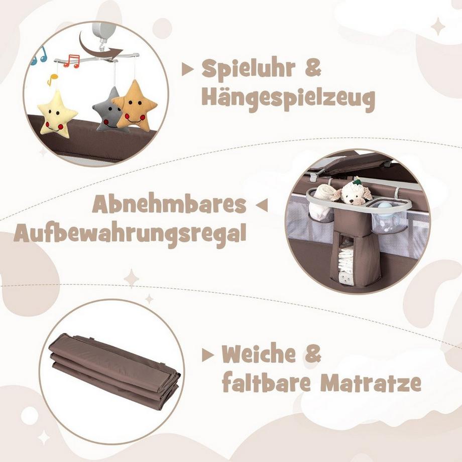 Northix  Lit d'appoint pliant 5 en 1, lit de voyage avec matelas, lit bébé à 2 niveaux avec roulettes marron 