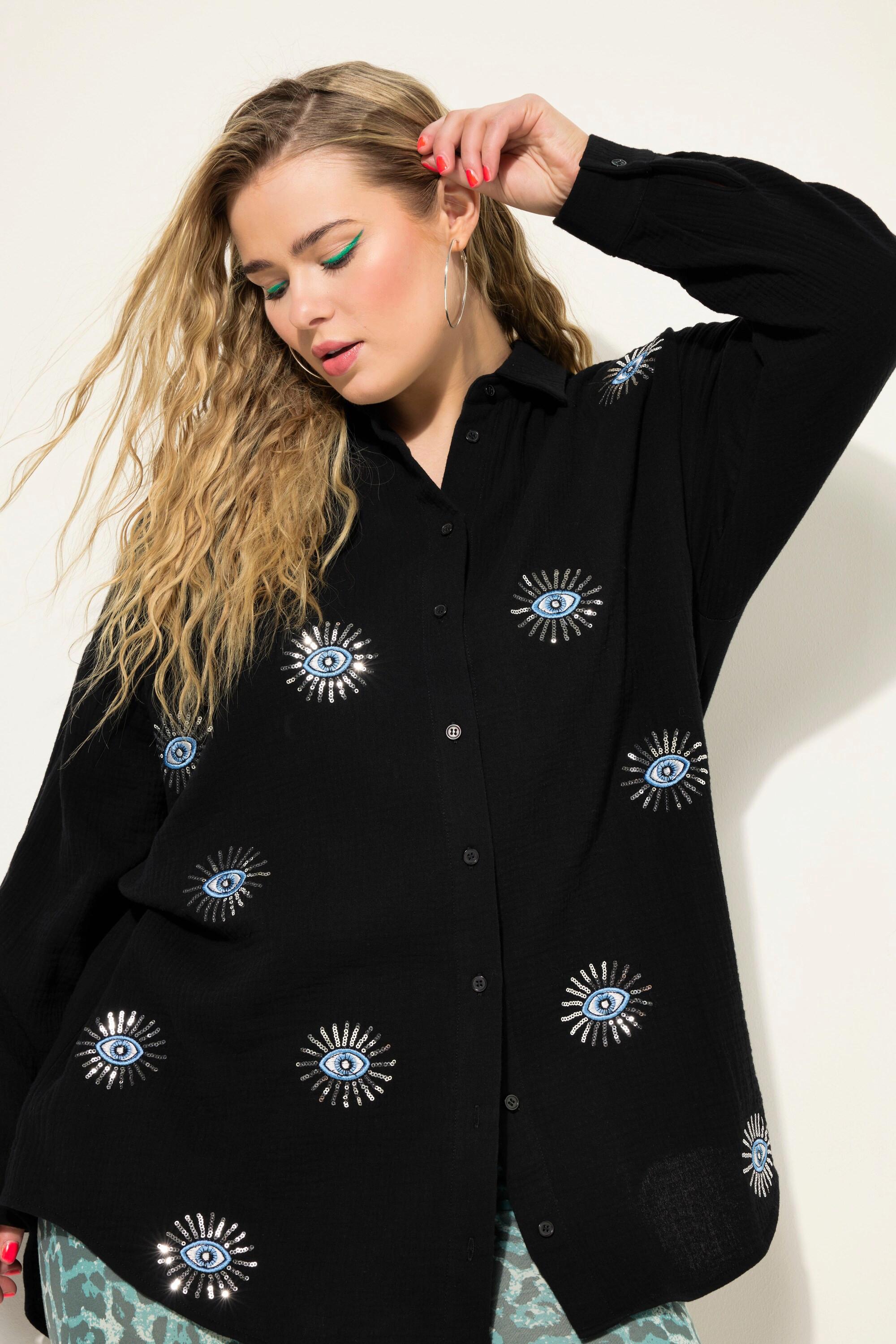 Studio Untold  Blusa dal taglio oversize in mussola con ricami di occhi e maniche lunghe 