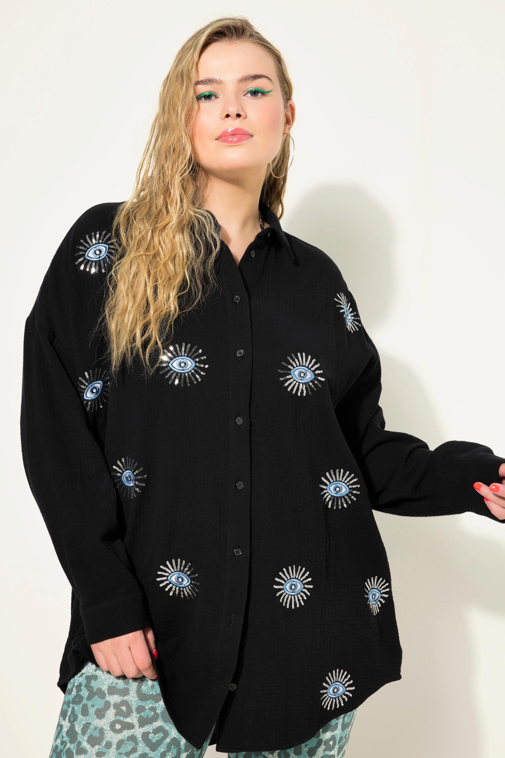 Studio Untold  Blusa dal taglio oversize in mussola con ricami di occhi e maniche lunghe 