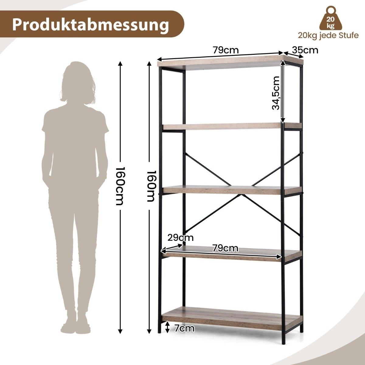 Northix Bücherregal mit 5 Ebenen & Metallrahmen & Industrie-Design Standregal Büroregal Grau  