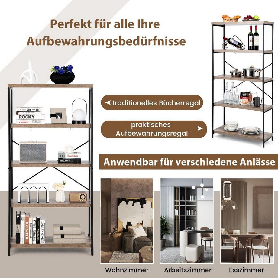 Northix Bücherregal mit 5 Ebenen & Metallrahmen & Industrie-Design Standregal Büroregal Grau  