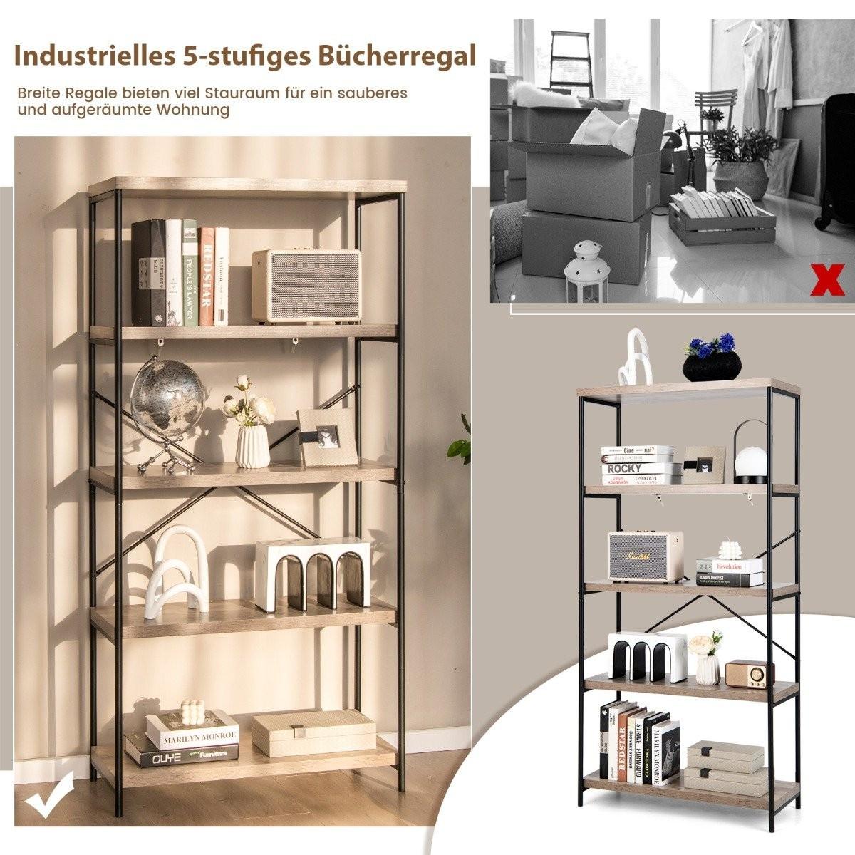 Northix Bücherregal mit 5 Ebenen & Metallrahmen & Industrie-Design Standregal Büroregal Grau  