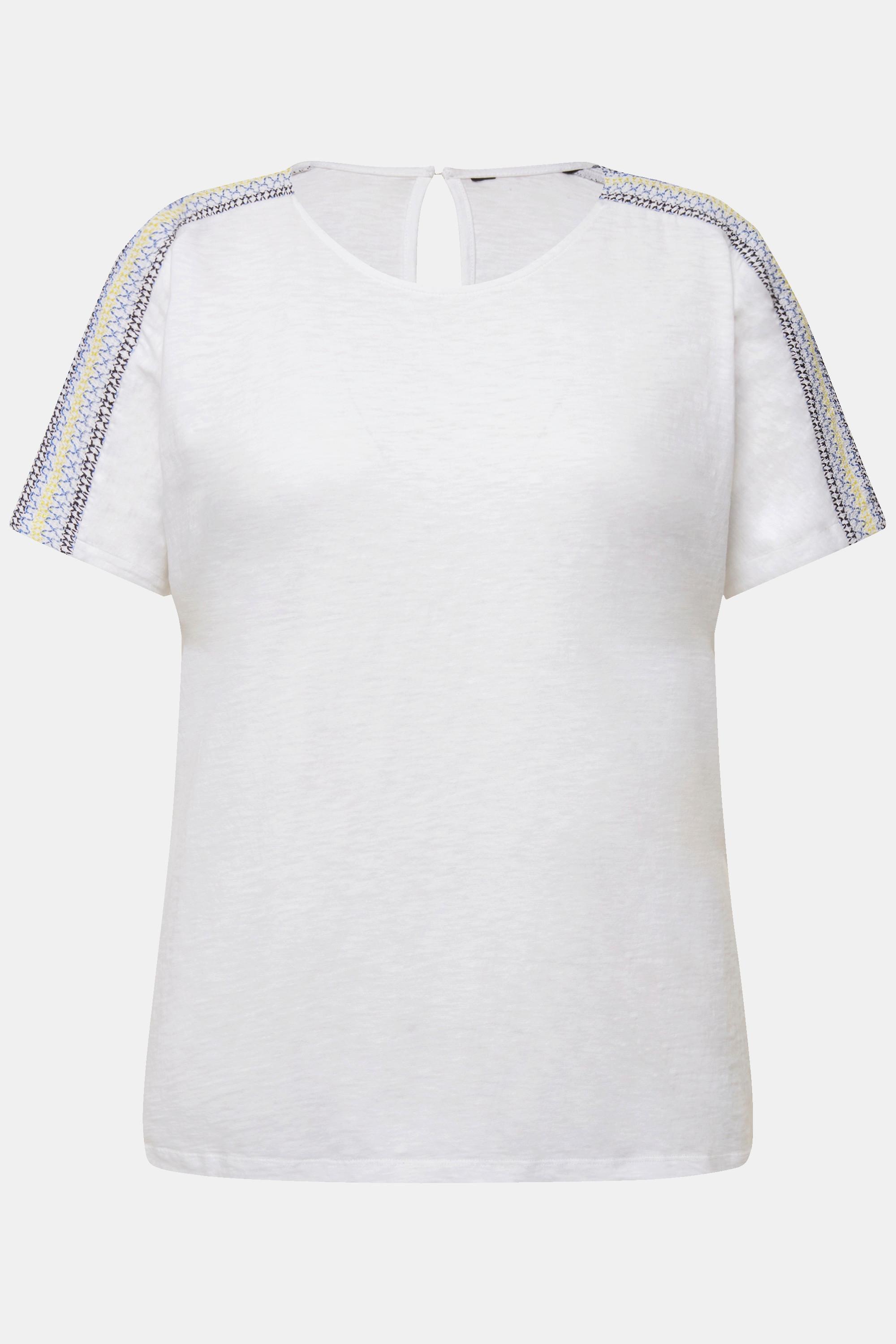 Ulla Popken  T-shirt con ricami, spalle a punto smock, scollo a girocollo e mezze maniche 