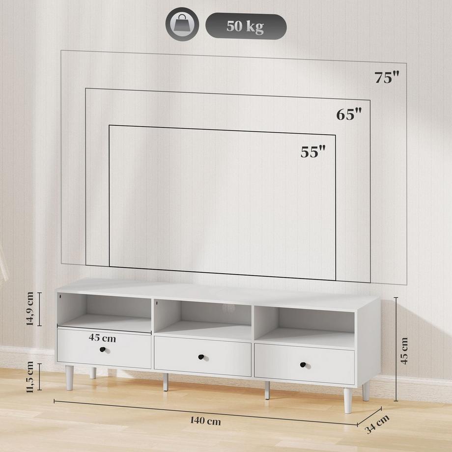 Northio  TV Schrank TV Board mit Schubladen, 3 offenen Fächern 140 cm lang TV Lowboard mit Kabelmanagement für Fernseher bis zu 75 Zoll Fernsehtisch für Wohnzimmer Weiß 140x34x45cm Aosom 