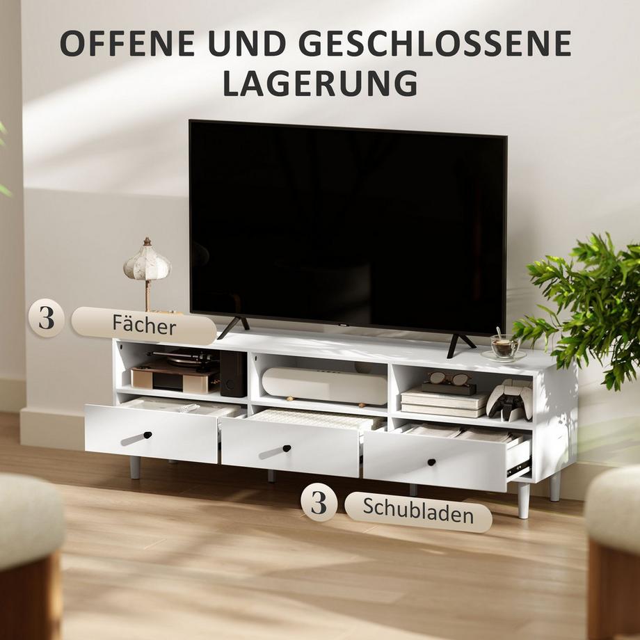 Northio  TV Schrank TV Board mit Schubladen, 3 offenen Fächern 140 cm lang TV Lowboard mit Kabelmanagement für Fernseher bis zu 75 Zoll Fernsehtisch für Wohnzimmer Weiß 140x34x45cm Aosom 