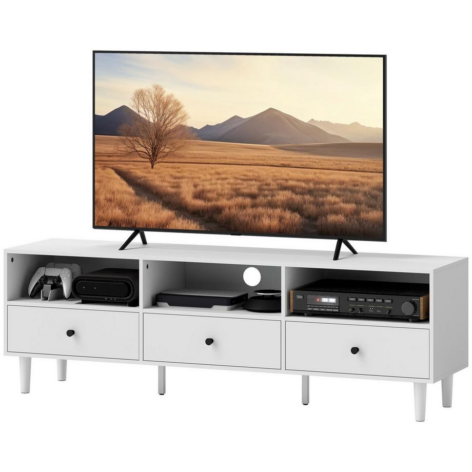 Northio  TV Schrank TV Board mit Schubladen, 3 offenen Fächern 140 cm lang TV Lowboard mit Kabelmanagement für Fernseher bis zu 75 Zoll Fernsehtisch für Wohnzimmer Weiß 140x34x45cm Aosom 