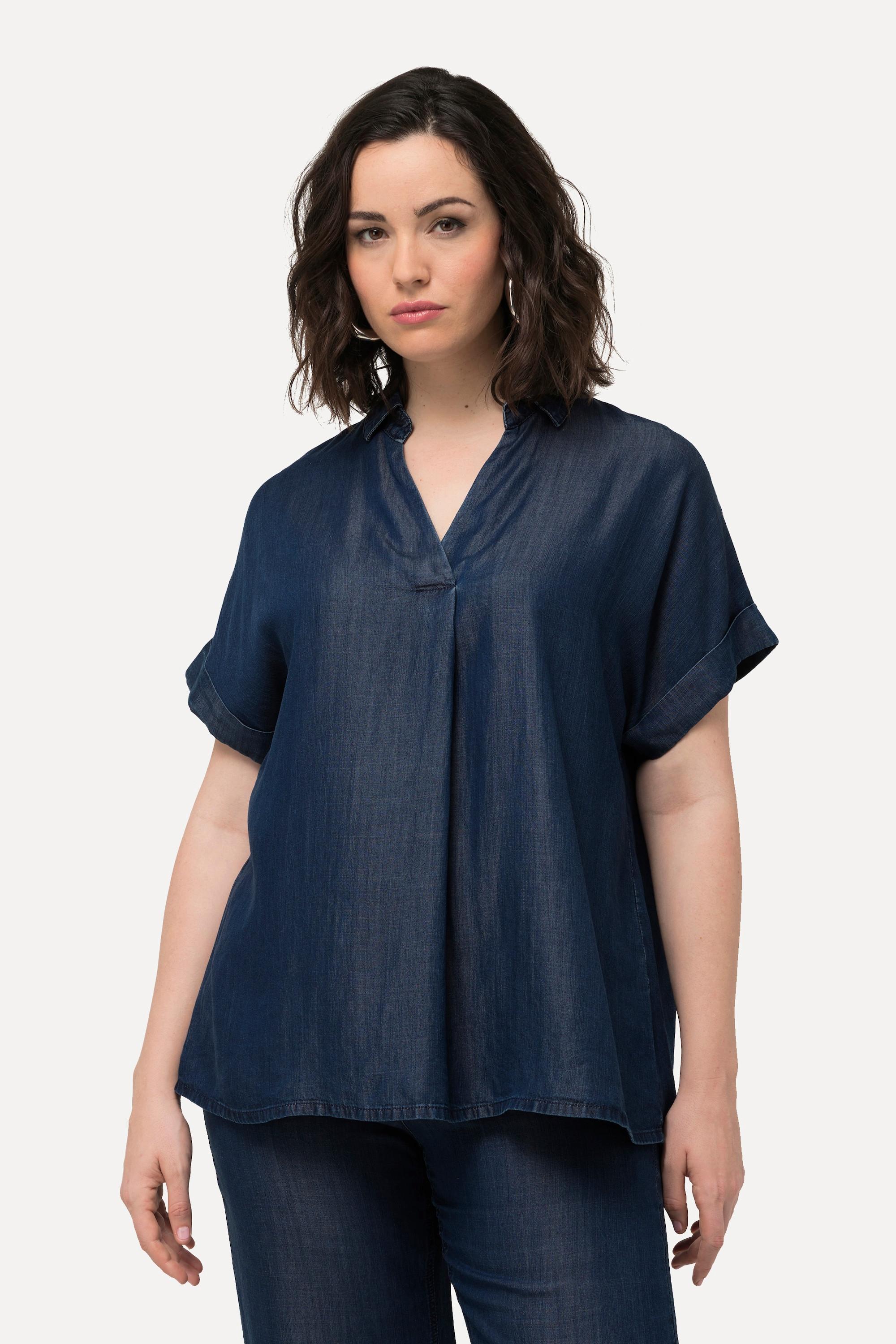 Ulla Popken  Blusa di lyocell dal taglio oversize con collo da camicia e mezze maniche 