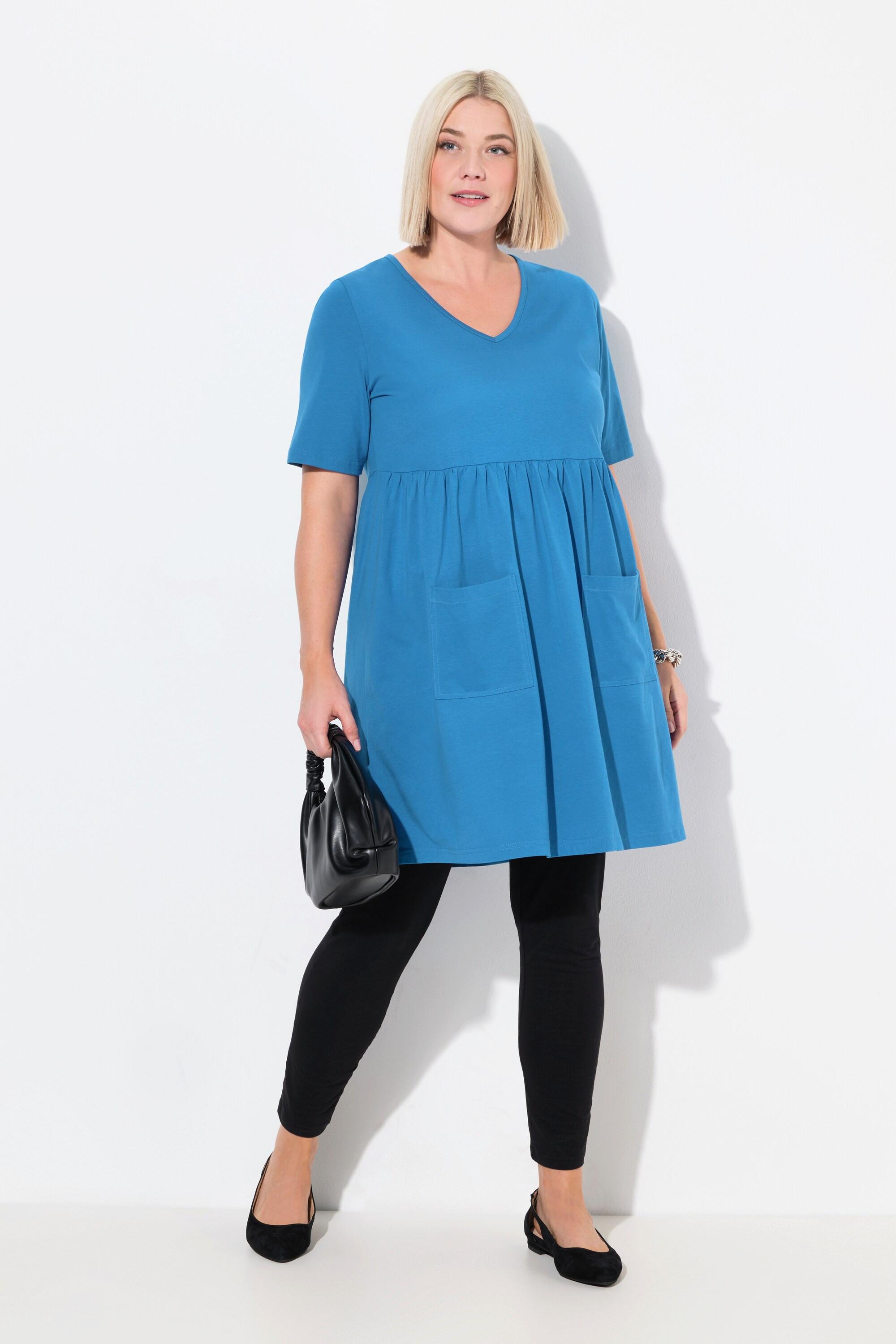 Ulla Popken T-shirt long Couture Empire Coupe Évasée Col en V Manches Courtes  