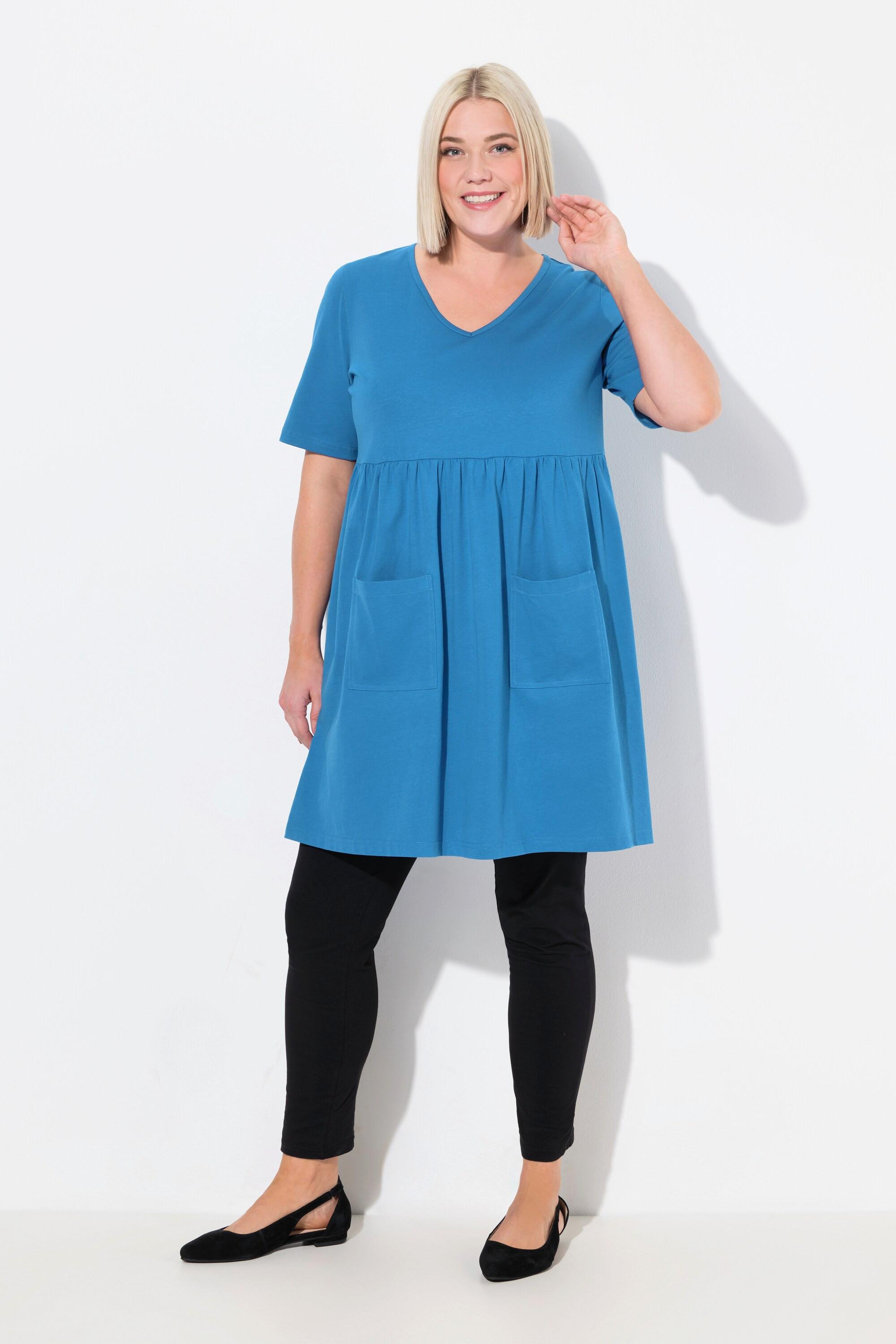 Ulla Popken T-shirt long Couture Empire Coupe Évasée Col en V Manches Courtes  