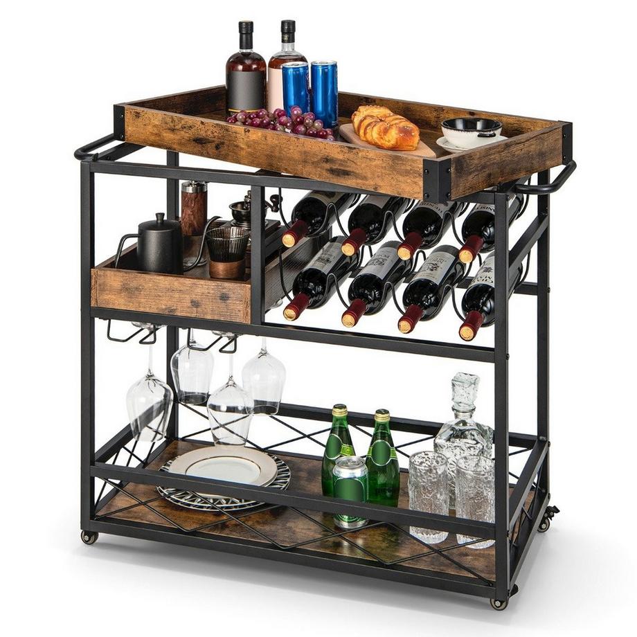 B2X Carrello di Servizio Carrello Bar a 3 Ripiani con Vassoio Rimovibile 80 x 40 x 83 cm Marrone Rustico  